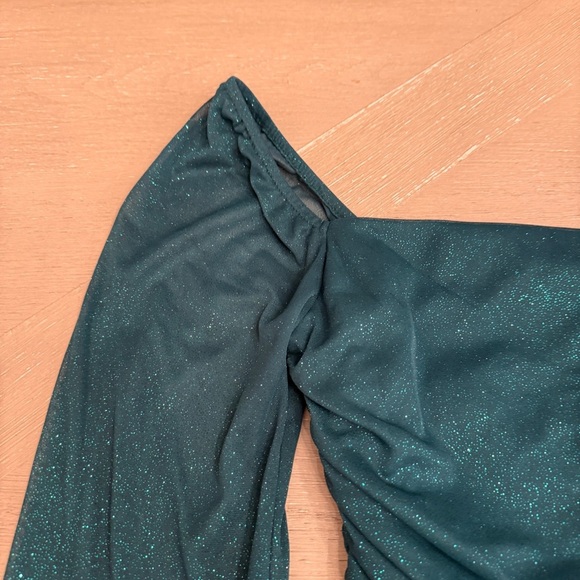 Jump Emerald Teal Shimmering Long Sleeve Ruched Dress Hoco dance - Picture 5 of 9